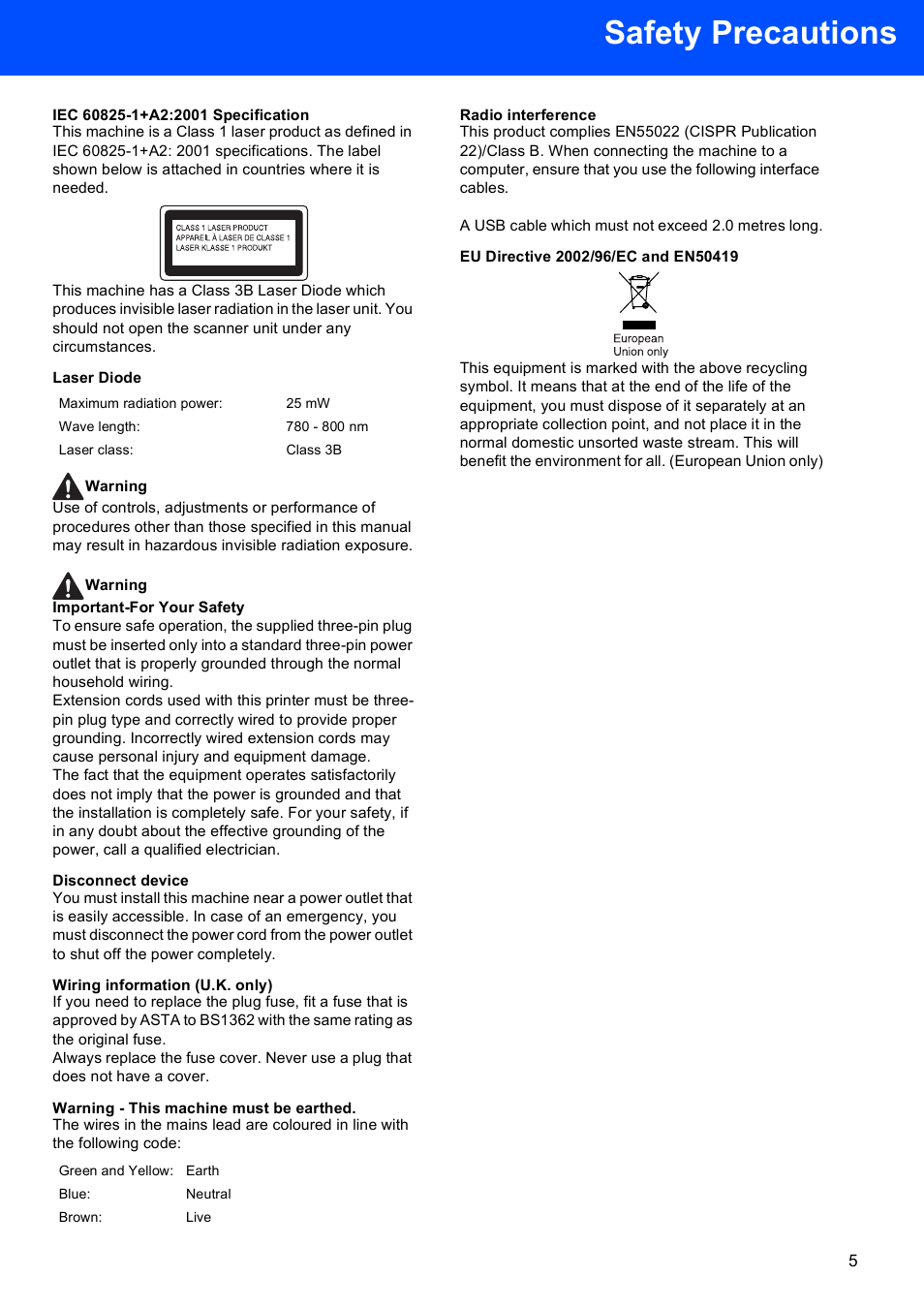 Safety precautions | Brother DCP 9040CN User Manual | Page 7 / 34
