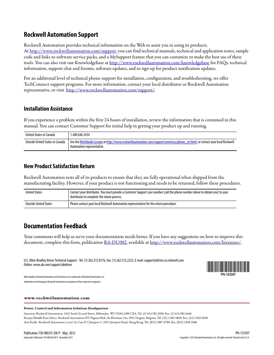 Rockwell automation support, Documentation feedback, Installation assistance | New product satisfaction return | Rockwell Automation 20G PowerFlex 755 IP00 Spare Parts User Manual | Page 4 / 4