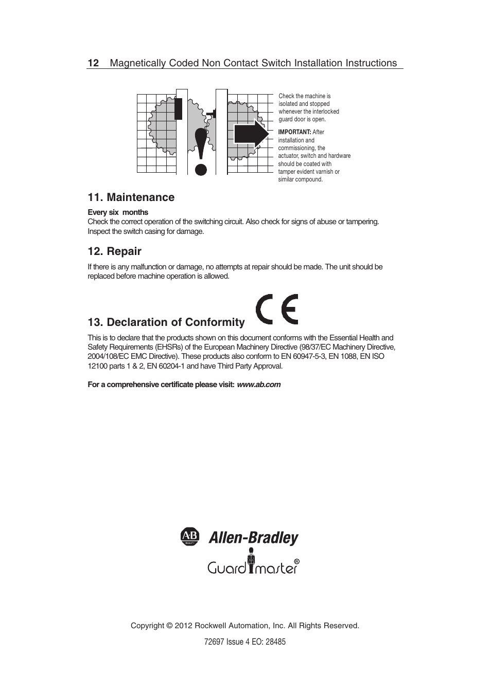 Maintenance, Repair, Declaration of conformity | Rockwell Automation 440N SensaGuard Magnetically Coded NonContact Switch (MC2) User Manual | Page 12 / 12