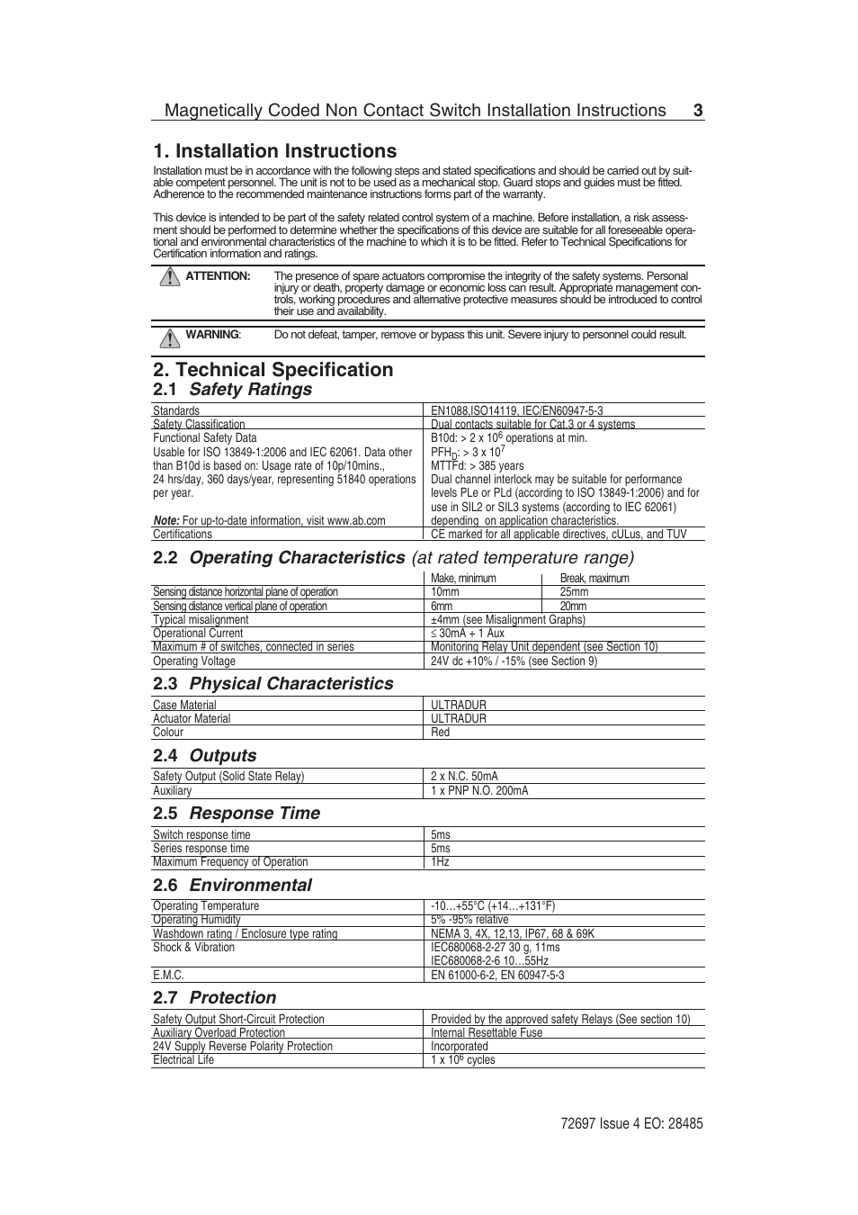 Installation instructions, Technical specification, Safety ratings | Physical characteristics, Outputs, Response time, Environmental, Protection | Rockwell Automation 440N SensaGuard Magnetically Coded NonContact Switch (MC2) User Manual | Page 3 / 12