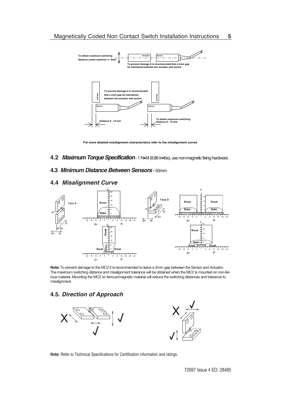 Maximum torque specification, Minimum distance between sensors, Misalignment curve | Direction of approach, 50mm | Rockwell Automation 440N SensaGuard Magnetically Coded NonContact Switch (MC2) User Manual | Page 5 / 12