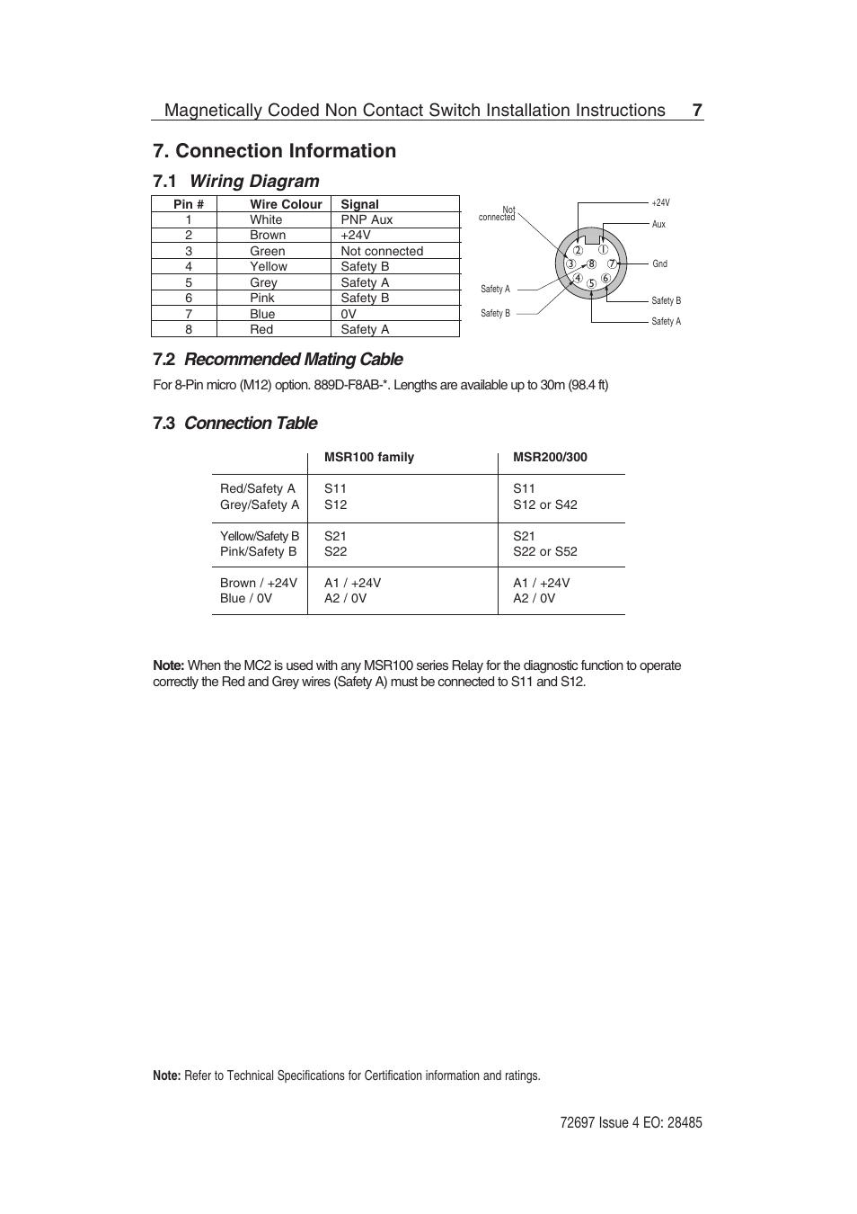 Connection information, Connection table, Wiring diagram | Recommended mating cable | Rockwell Automation 440N SensaGuard Magnetically Coded NonContact Switch (MC2) User Manual | Page 7 / 12