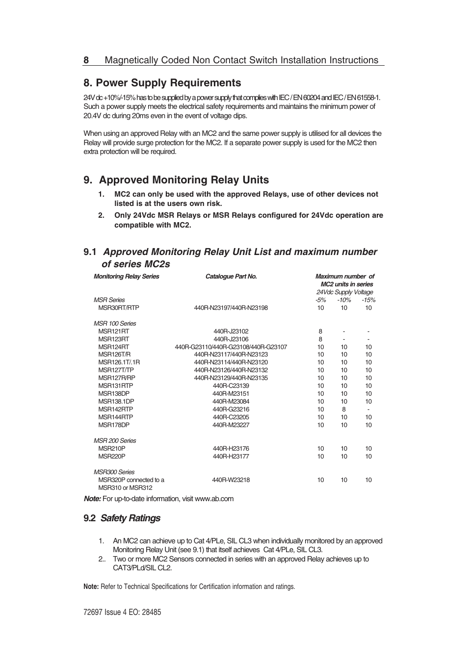 Power supply requirements, Approved monitoring relay units, Safety ratings | Rockwell Automation 440N SensaGuard Magnetically Coded NonContact Switch (MC2) User Manual | Page 8 / 12