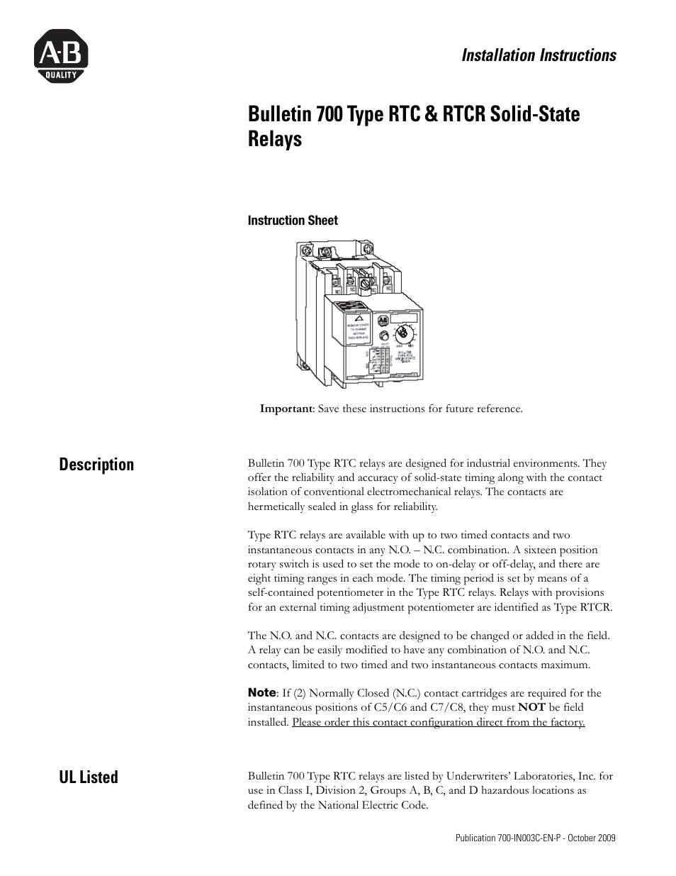 Rockwell Automation 700-RTC_RTCR Type RTC RTCR Solid-State Relays User Manual | 8 pages