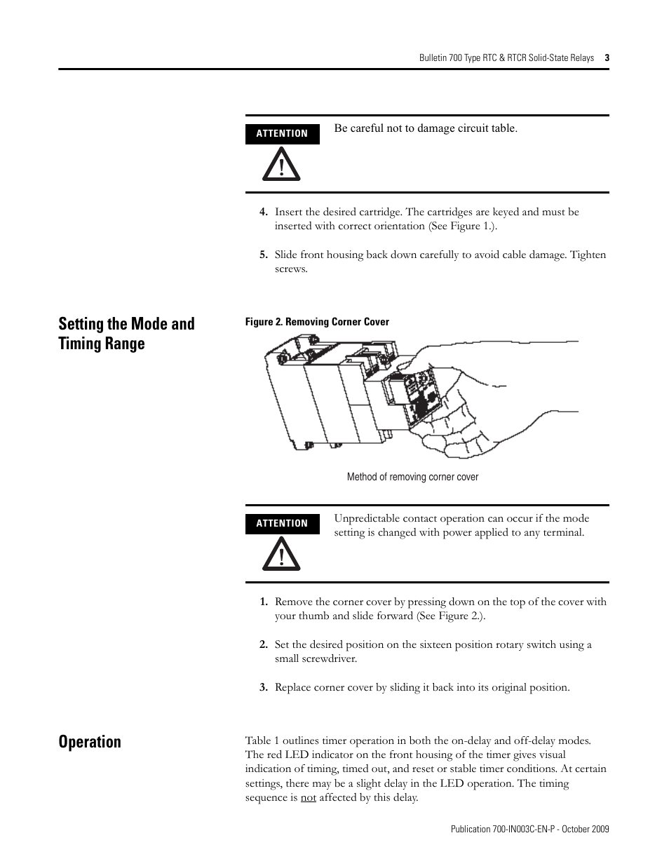 Setting the mode and timing range, Operation | Rockwell Automation 700-RTC_RTCR Type RTC RTCR Solid-State Relays User Manual | Page 3 / 8