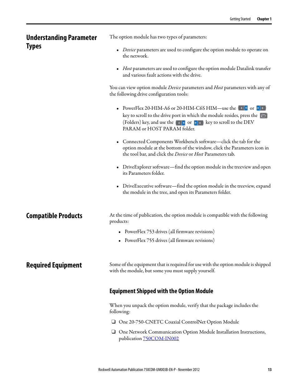 Understanding parameter types, Compatible products, Required equipment | Equipment shipped with the option module | Rockwell Automation 20-750-CNETC PowerFlex Coaxial ControlNet Option Module User Manual | Page 13 / 150