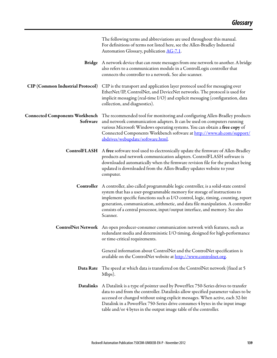 Glossary | Rockwell Automation 20-750-CNETC PowerFlex Coaxial ControlNet Option Module User Manual | Page 139 / 150