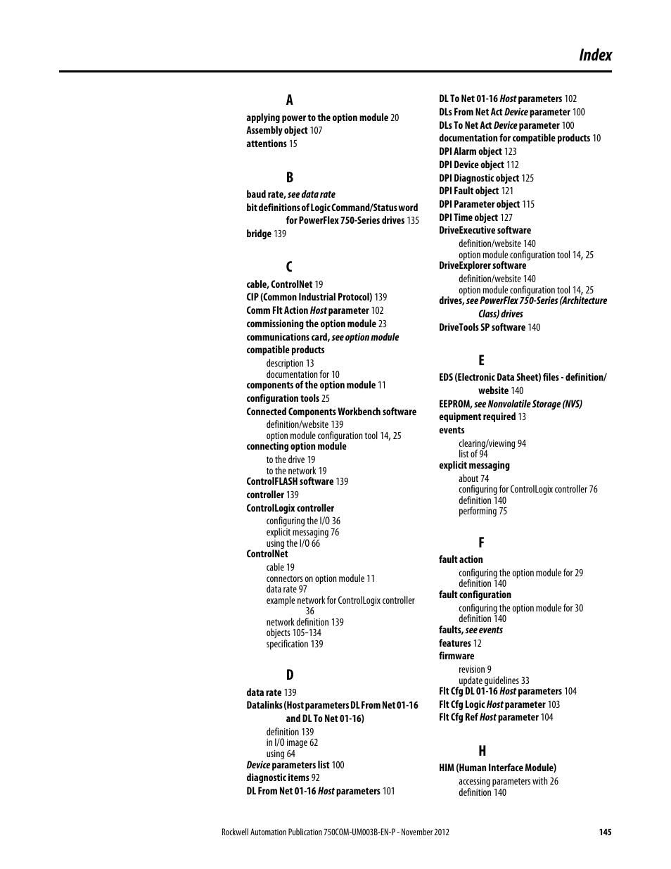 Index | Rockwell Automation 20-750-CNETC PowerFlex Coaxial ControlNet Option Module User Manual | Page 145 / 150