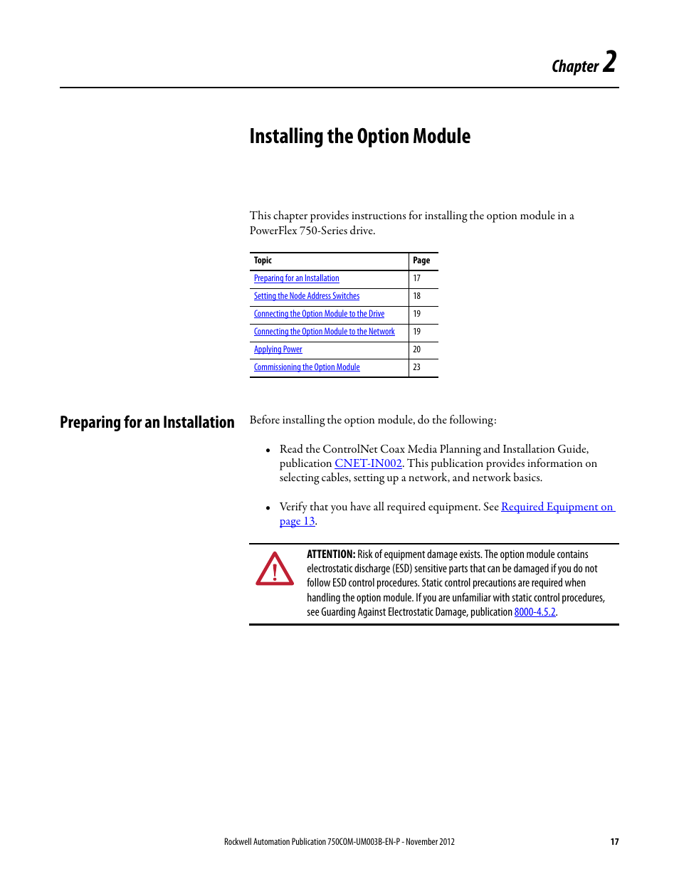 Chapter 2, Installing the option module, Preparing for an installation | Rockwell Automation 20-750-CNETC PowerFlex Coaxial ControlNet Option Module User Manual | Page 17 / 150