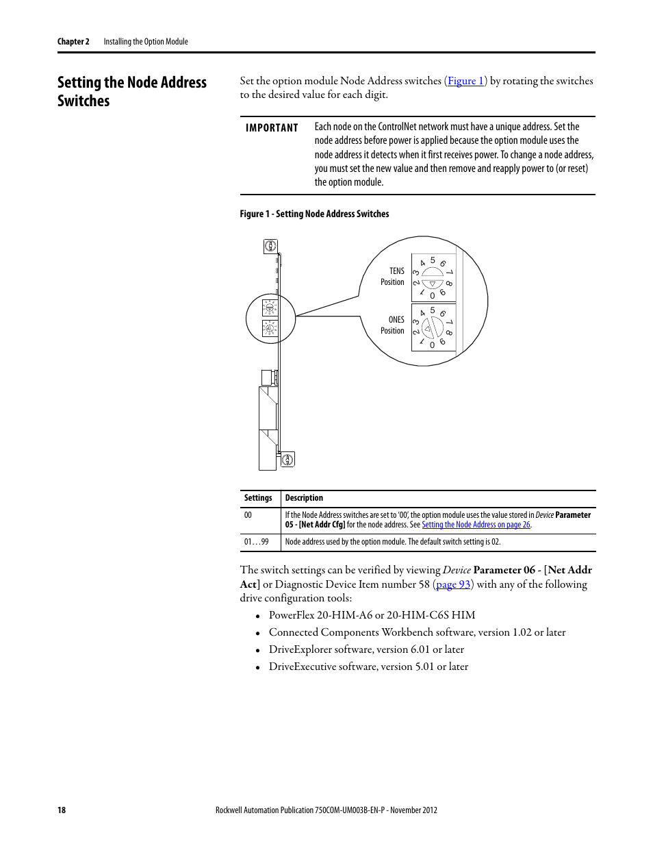Setting the node address switches, Setting the node address | Rockwell Automation 20-750-CNETC PowerFlex Coaxial ControlNet Option Module User Manual | Page 18 / 150