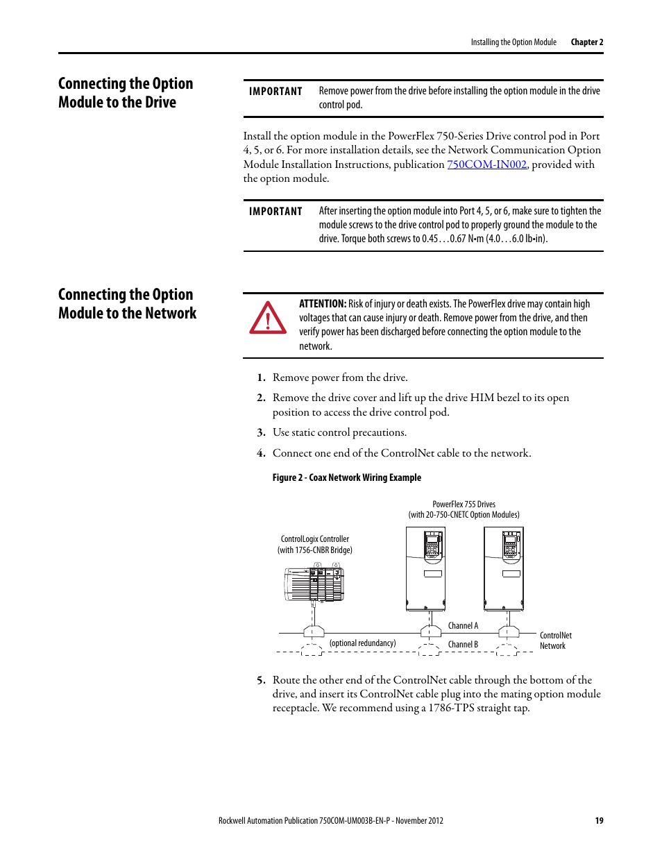 Connecting the option module to the drive, Connecting the option module to the network | Rockwell Automation 20-750-CNETC PowerFlex Coaxial ControlNet Option Module User Manual | Page 19 / 150