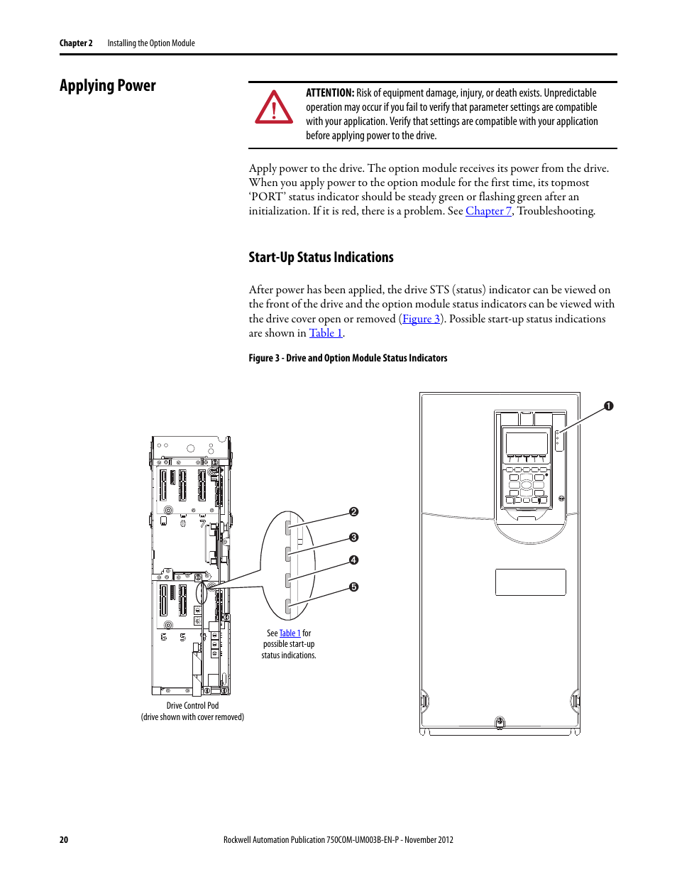 Applying power, Start-up status indications | Rockwell Automation 20-750-CNETC PowerFlex Coaxial ControlNet Option Module User Manual | Page 20 / 150