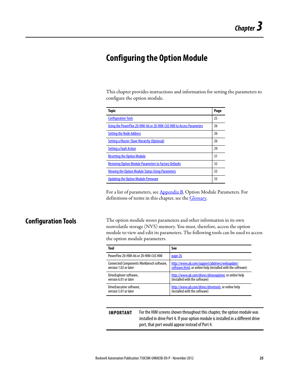 Chapter 3, Configuring the option module, Configuration tools | Rockwell Automation 20-750-CNETC PowerFlex Coaxial ControlNet Option Module User Manual | Page 25 / 150