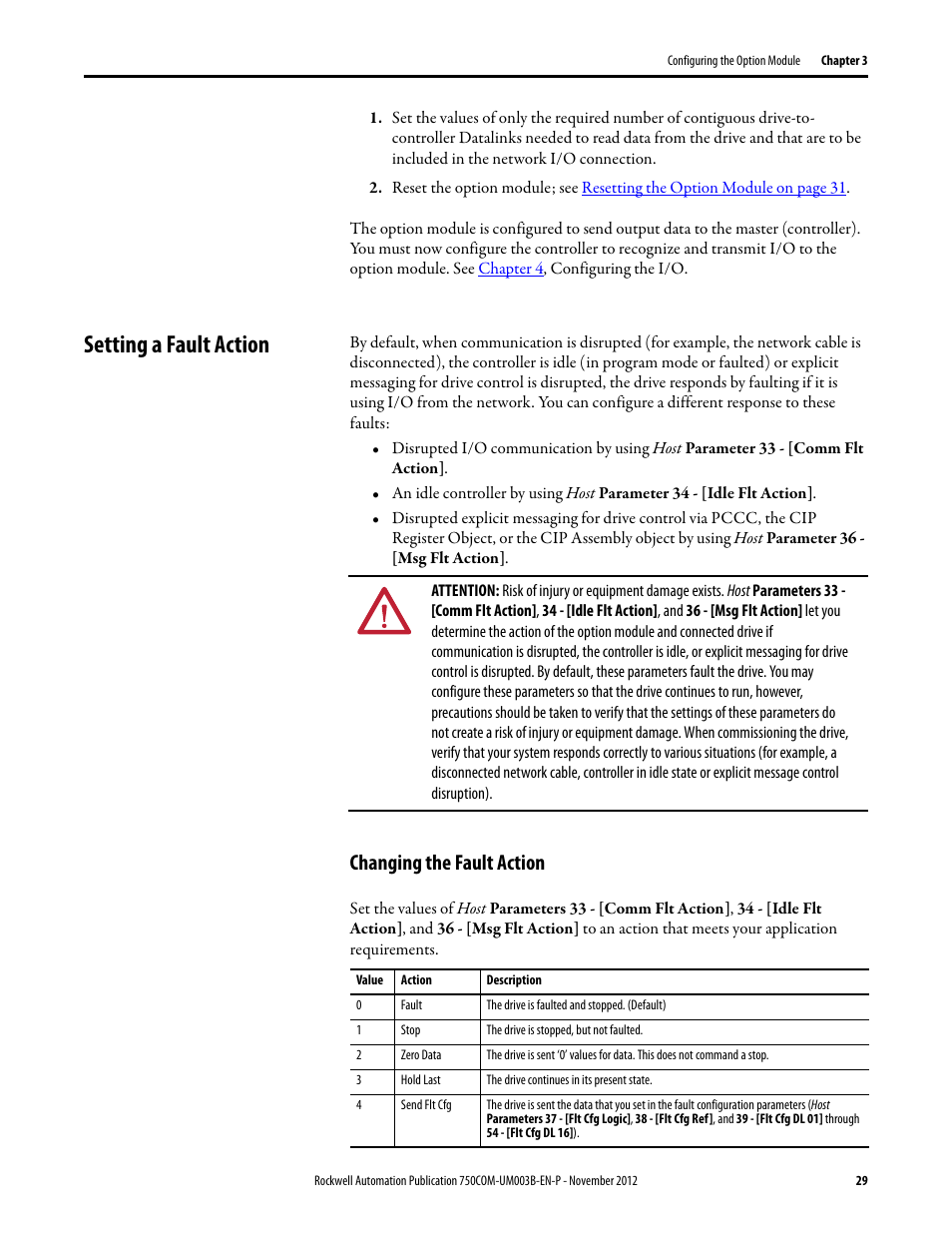 Setting a fault action, Changing the fault action | Rockwell Automation 20-750-CNETC PowerFlex Coaxial ControlNet Option Module User Manual | Page 29 / 150