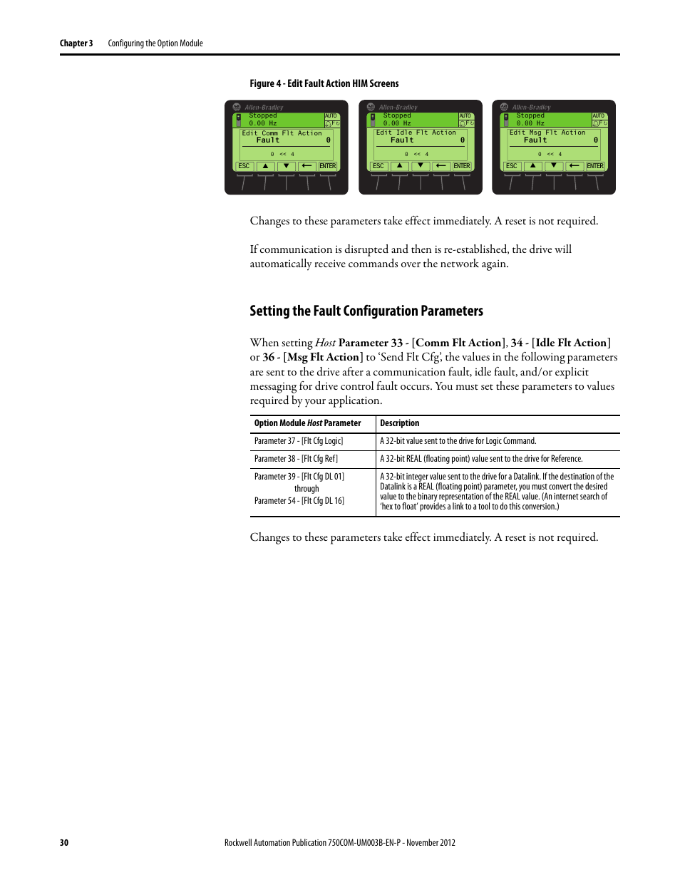 Setting the fault configuration parameters | Rockwell Automation 20-750-CNETC PowerFlex Coaxial ControlNet Option Module User Manual | Page 30 / 150