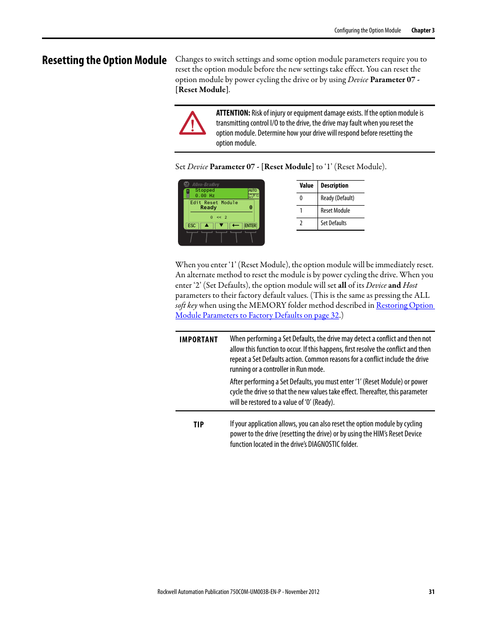 Resetting the option module | Rockwell Automation 20-750-CNETC PowerFlex Coaxial ControlNet Option Module User Manual | Page 31 / 150