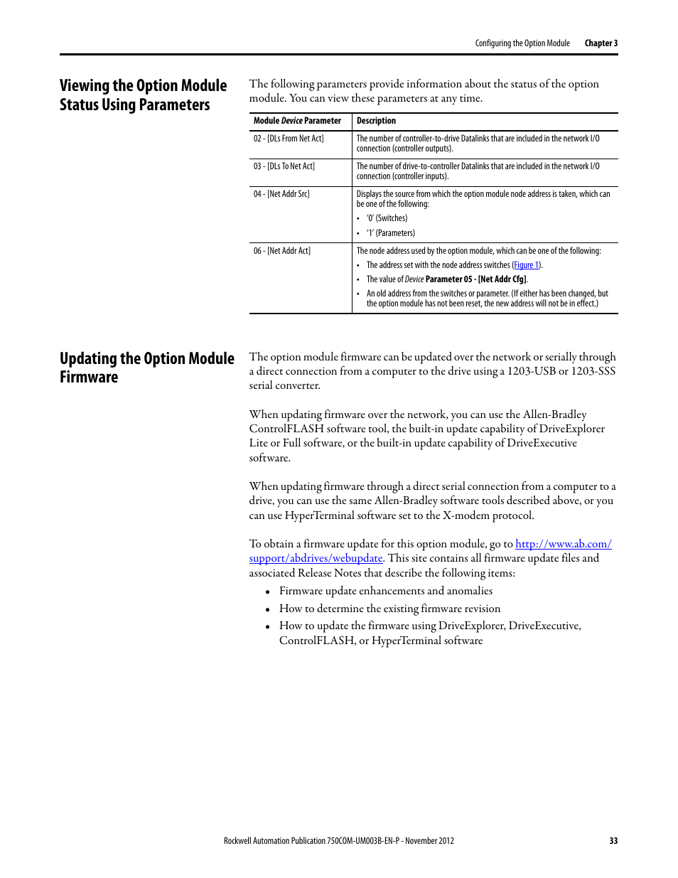 Viewing the option module status using parameters, Updating the option module firmware | Rockwell Automation 20-750-CNETC PowerFlex Coaxial ControlNet Option Module User Manual | Page 33 / 150
