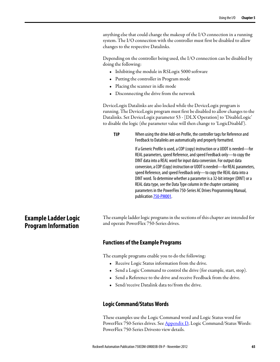 Example ladder logic program information, Functions of the example programs, Logic command/status words | Rockwell Automation 20-750-CNETC PowerFlex Coaxial ControlNet Option Module User Manual | Page 65 / 150