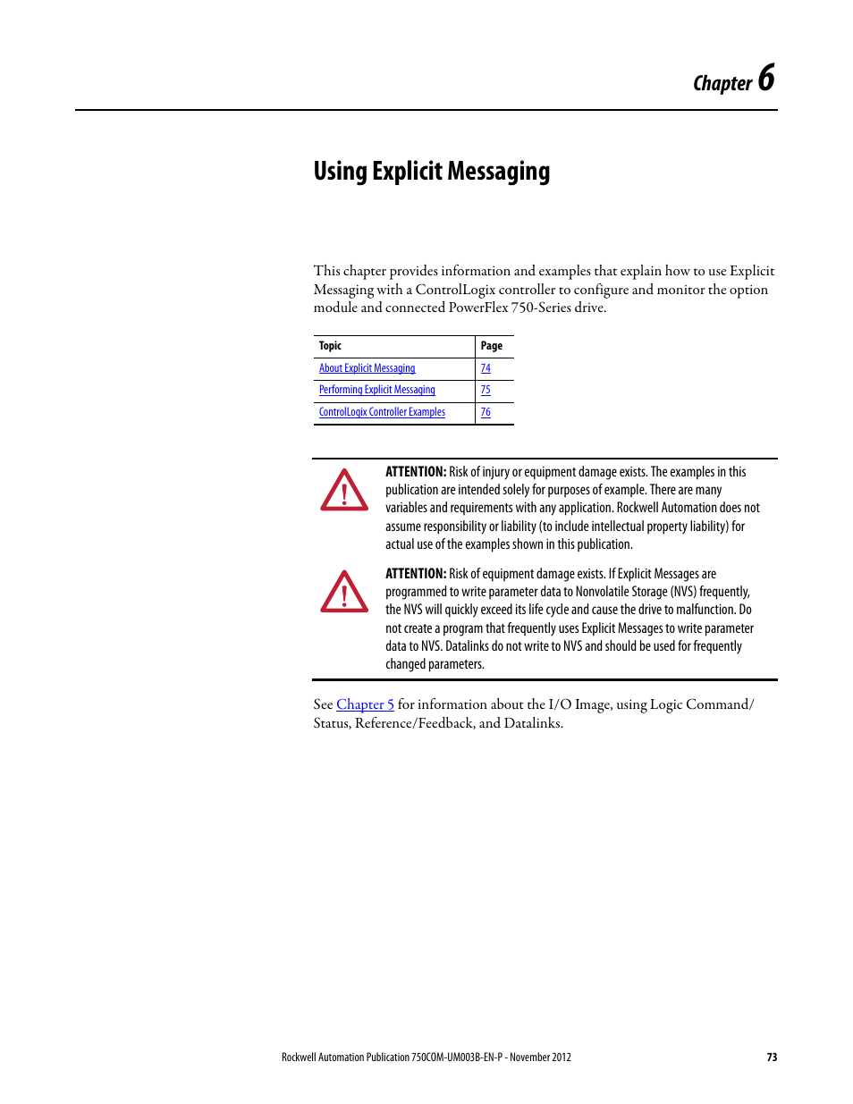Chapter 6, Using explicit messaging | Rockwell Automation 20-750-CNETC PowerFlex Coaxial ControlNet Option Module User Manual | Page 73 / 150