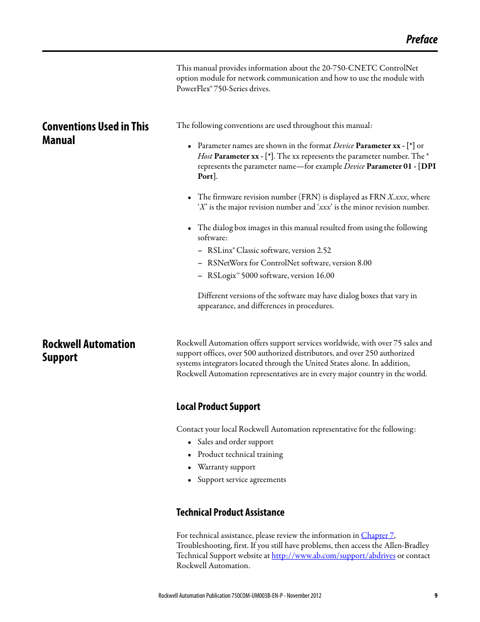 Preface, Conventions used in this manual, Rockwell automation support | Local product support, Technical product assistance | Rockwell Automation 20-750-CNETC PowerFlex Coaxial ControlNet Option Module User Manual | Page 9 / 150