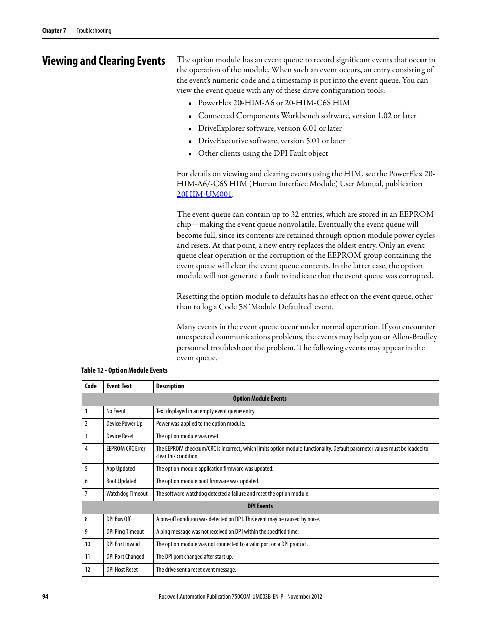 Viewing and clearing events | Rockwell Automation 20-750-CNETC PowerFlex Coaxial ControlNet Option Module User Manual | Page 94 / 150
