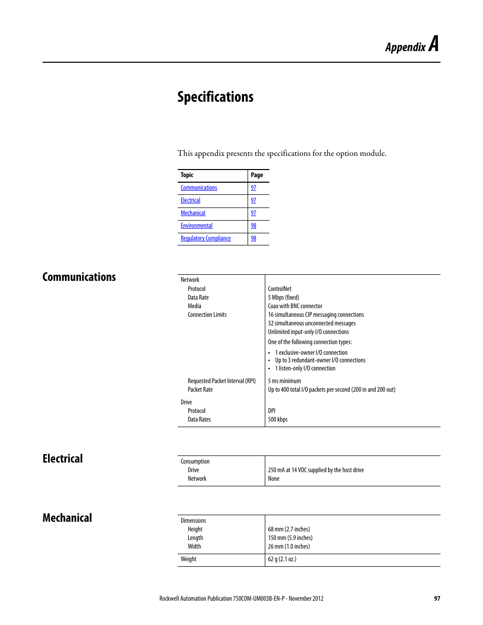 Appendix a, Specifications, Communications | Electrical, Mechanical, Communications electrical mechanical | Rockwell Automation 20-750-CNETC PowerFlex Coaxial ControlNet Option Module User Manual | Page 97 / 150