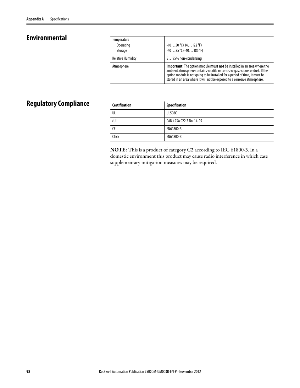 Environmental, Regulatory compliance, Environmental regulatory compliance | Rockwell Automation 20-750-CNETC PowerFlex Coaxial ControlNet Option Module User Manual | Page 98 / 150