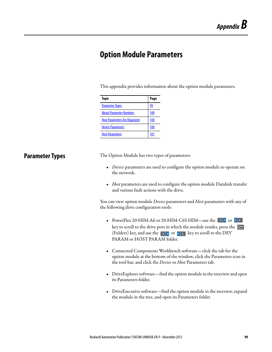 Appendix b, Option module parameters, Parameter types | Rockwell Automation 20-750-CNETC PowerFlex Coaxial ControlNet Option Module User Manual | Page 99 / 150