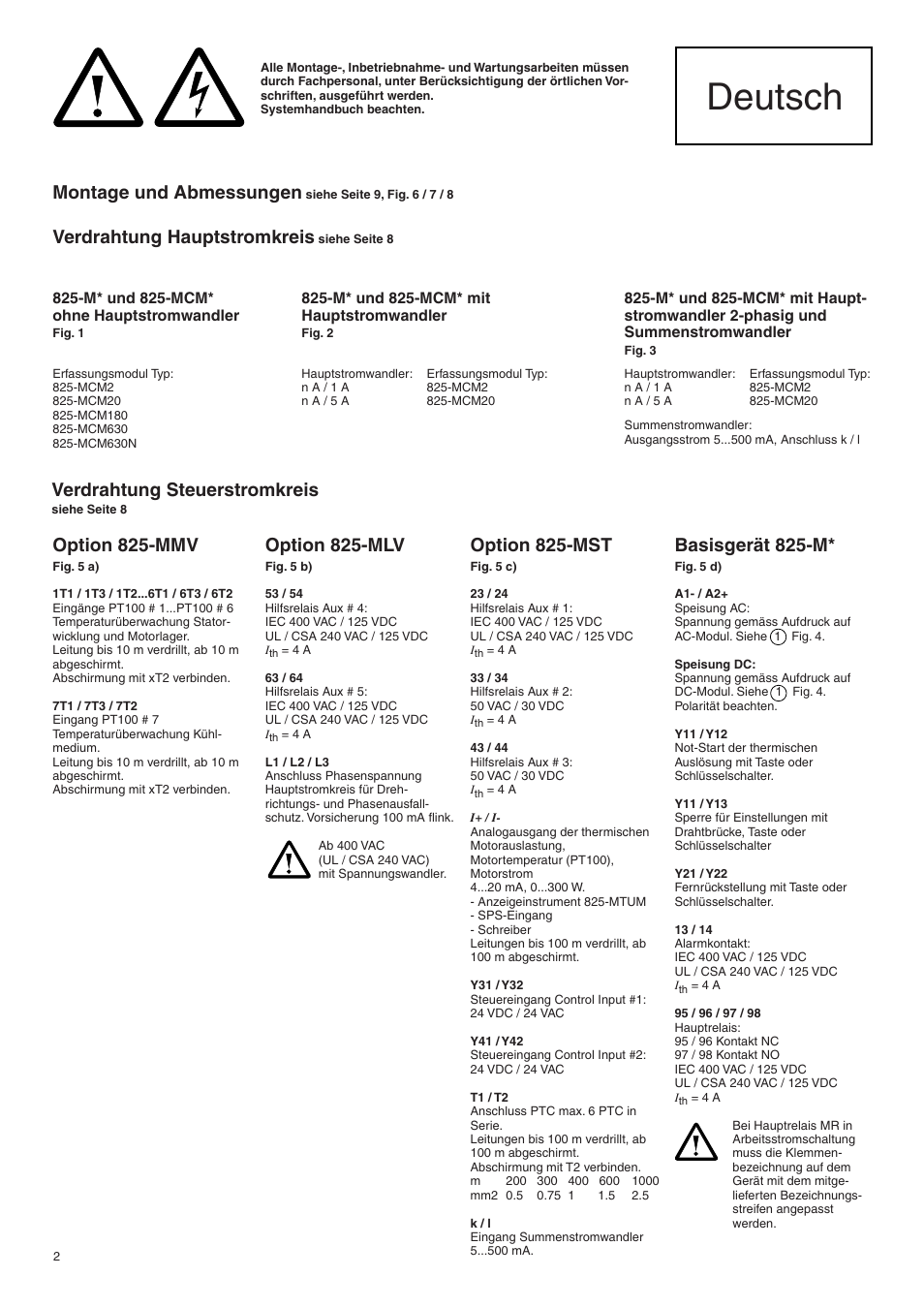 Deutsch, Montage und abmessungen, Verdrahtung hauptstromkreis | Option 825-mmv, Option 825-mlv, Option 825-mst, Basisgerät 825-m, Verdrahtung steuerstromkreis | Rockwell Automation 825 Electronic Control and Protection System User Manual | Page 2 / 10