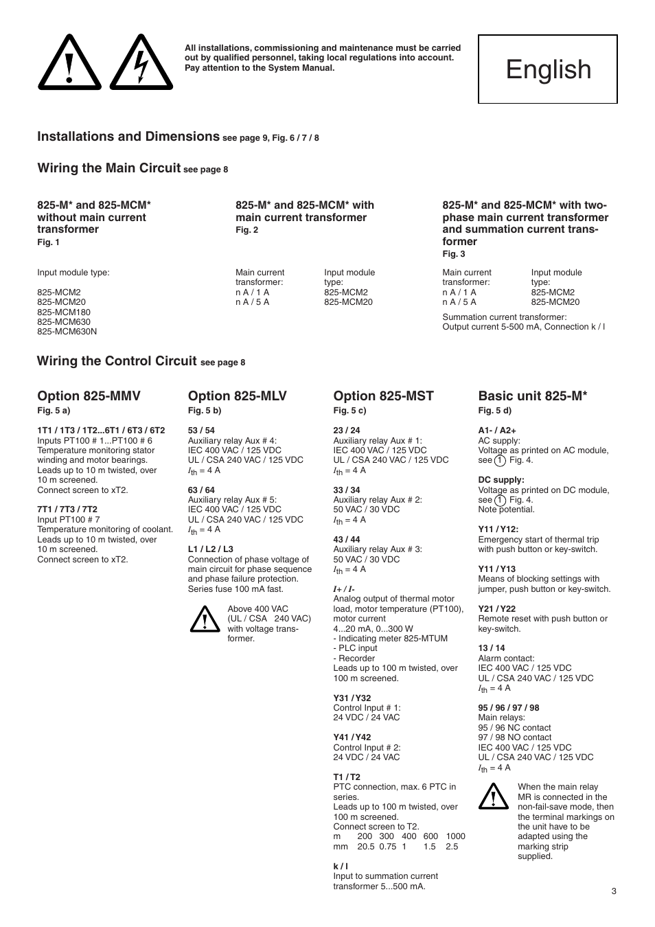 English, Installations and dimensions, Wiring the main circuit | Option 825-mmv, Option 825-mlv, Option 825-mst, Basic unit 825-m, Wiring the control circuit | Rockwell Automation 825 Electronic Control and Protection System User Manual | Page 3 / 10