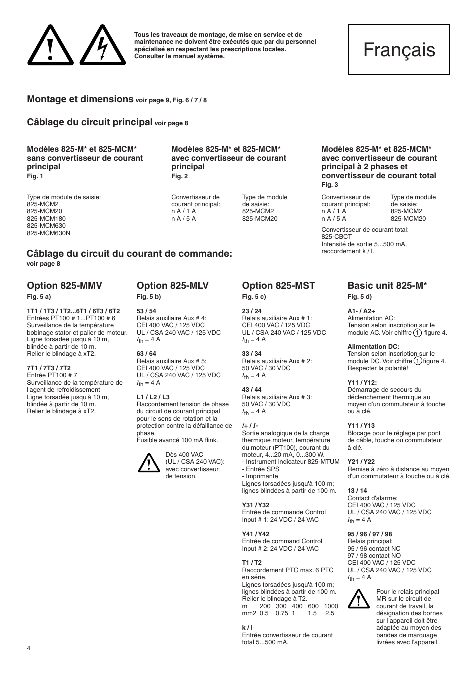 Français, Montage et dimensions, Câblage du circuit principal | Option 825-mmv, Option 825-mlv, Option 825-mst, Basic unit 825-m, Câblage du circuit du courant de commande | Rockwell Automation 825 Electronic Control and Protection System User Manual | Page 4 / 10