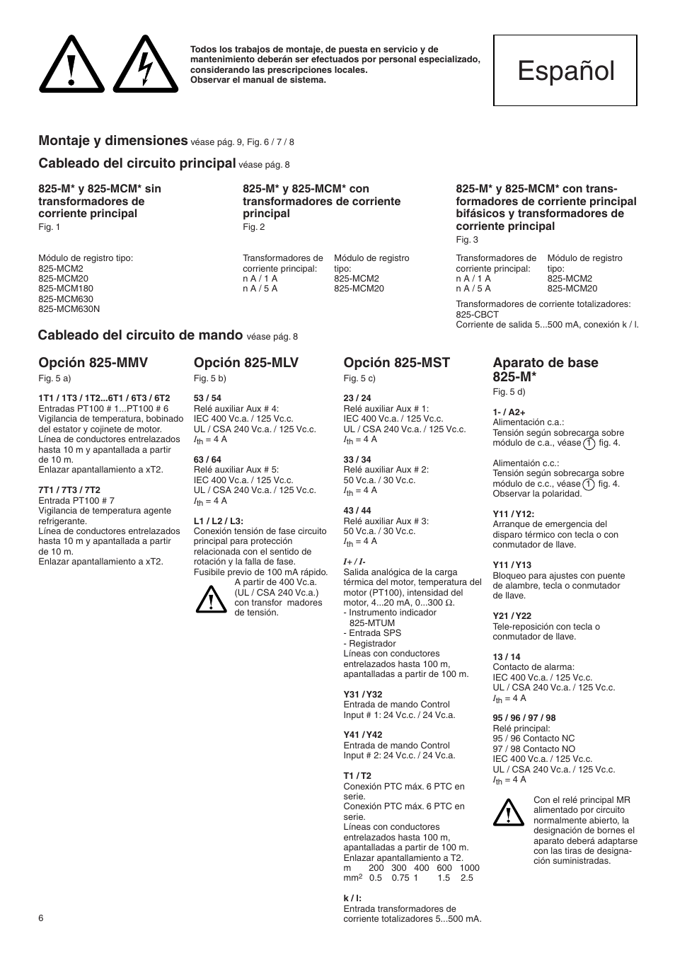 Español, Montaje y dimensiones, Cableado del circuito principal | Opción 825-mmv, Opción 825-mlv, Opción 825-mst, Aparato de base 825-m, Cableado del circuito de mando | Rockwell Automation 825 Electronic Control and Protection System User Manual | Page 6 / 10