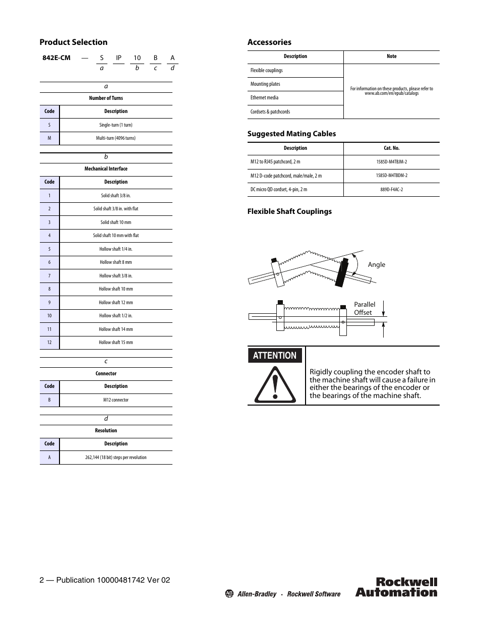 Attention, Product selection, Accessories | Rockwell Automation 842E-CM EtherNet/IP Encoders Installation Instructions User Manual | Page 2 / 4