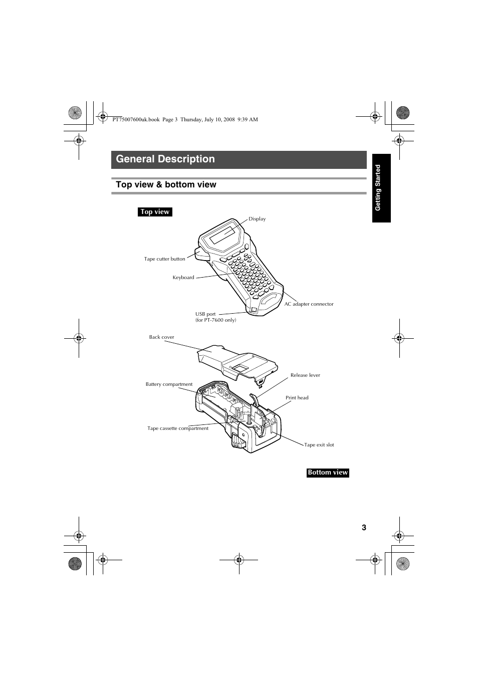 General description, Top view & bottom view | Brother P-TOUCH 7500 User Manual | Page 13 / 102