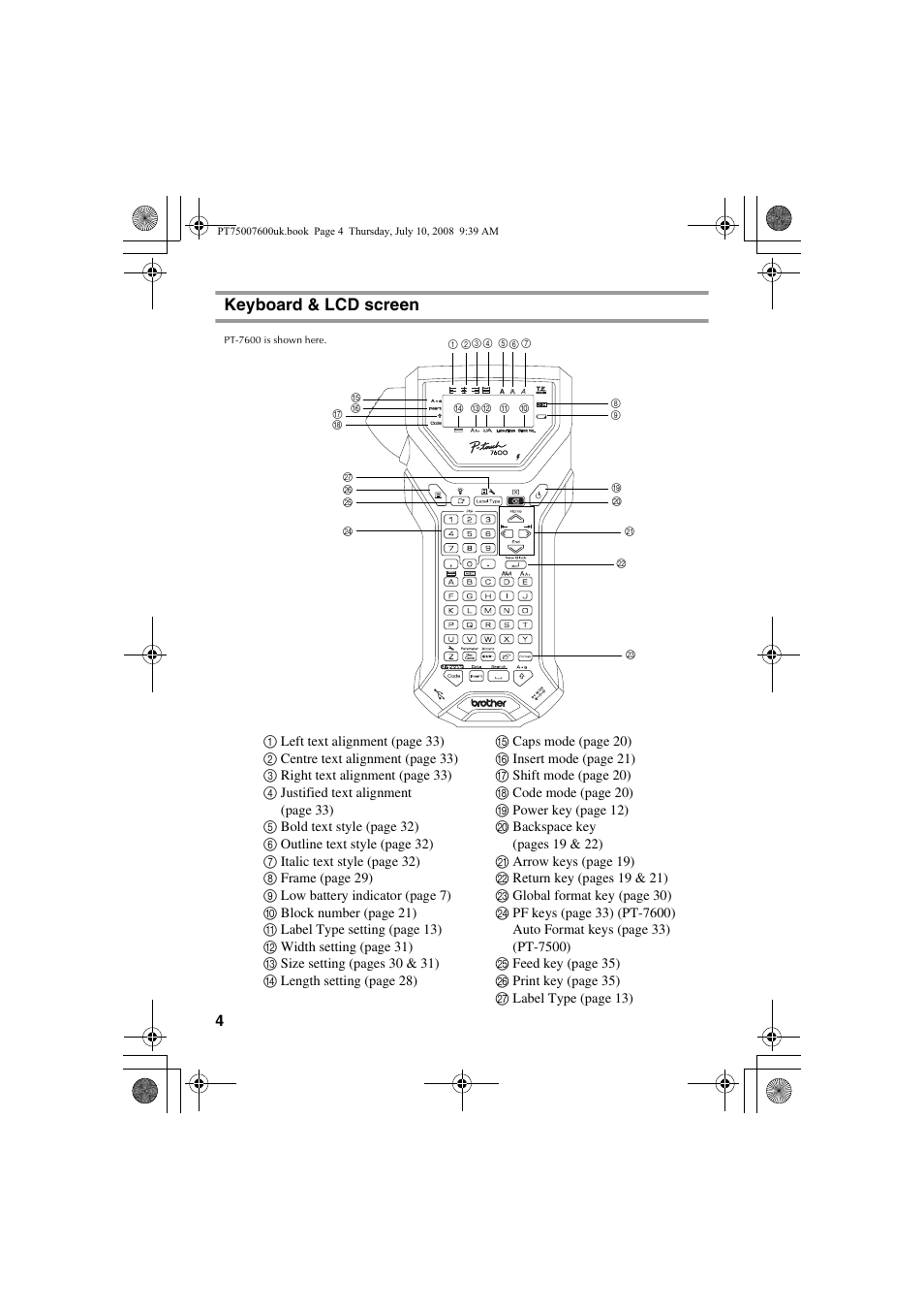 Keyboard & lcd screen | Brother P-TOUCH 7500 User Manual | Page 14 / 102