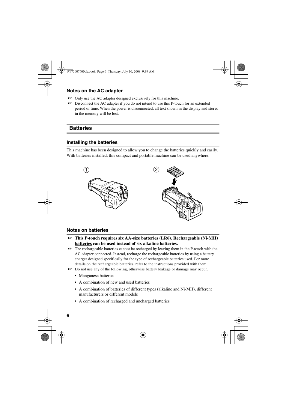 Batteries | Brother P-TOUCH 7500 User Manual | Page 16 / 102