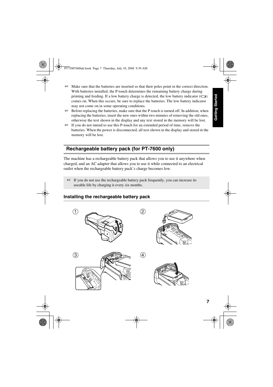 Rechargeable battery pack (for pt-7600 only) | Brother P-TOUCH 7500 User Manual | Page 17 / 102