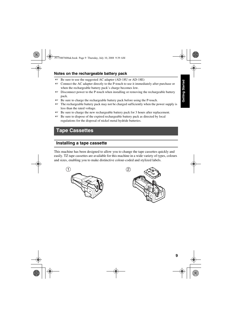 Tape cassettes, Installing a tape cassette | Brother P-TOUCH 7500 User Manual | Page 19 / 102