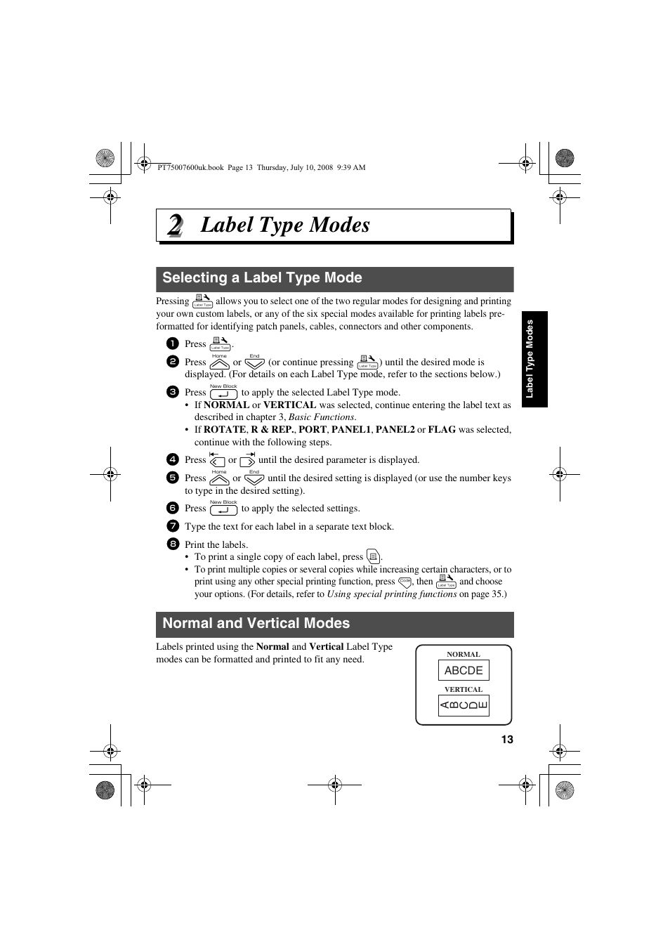 Label type modes, Selecting a label type mode, Normal and vertical modes | Brother P-TOUCH 7500 User Manual | Page 23 / 102