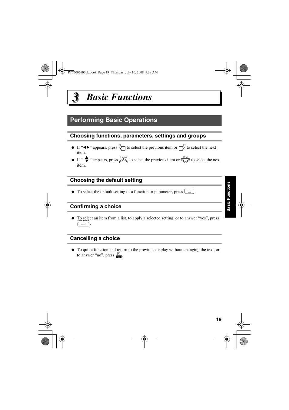 Basic functions, Performing basic operations | Brother P-TOUCH 7500 User Manual | Page 29 / 102