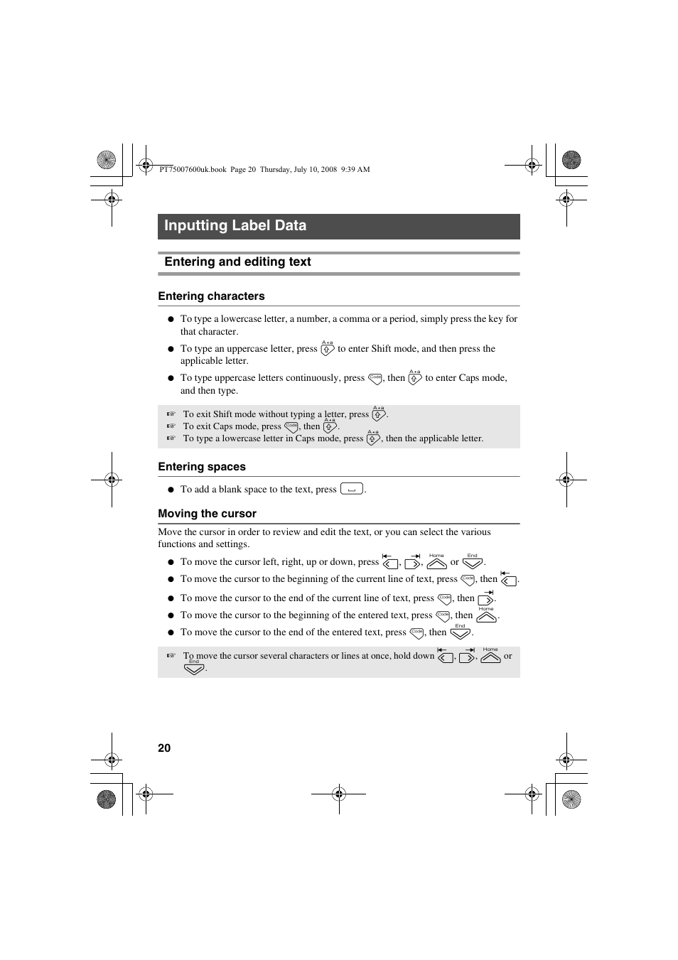 Inputting label data, Entering and editing text | Brother P-TOUCH 7500 User Manual | Page 30 / 102