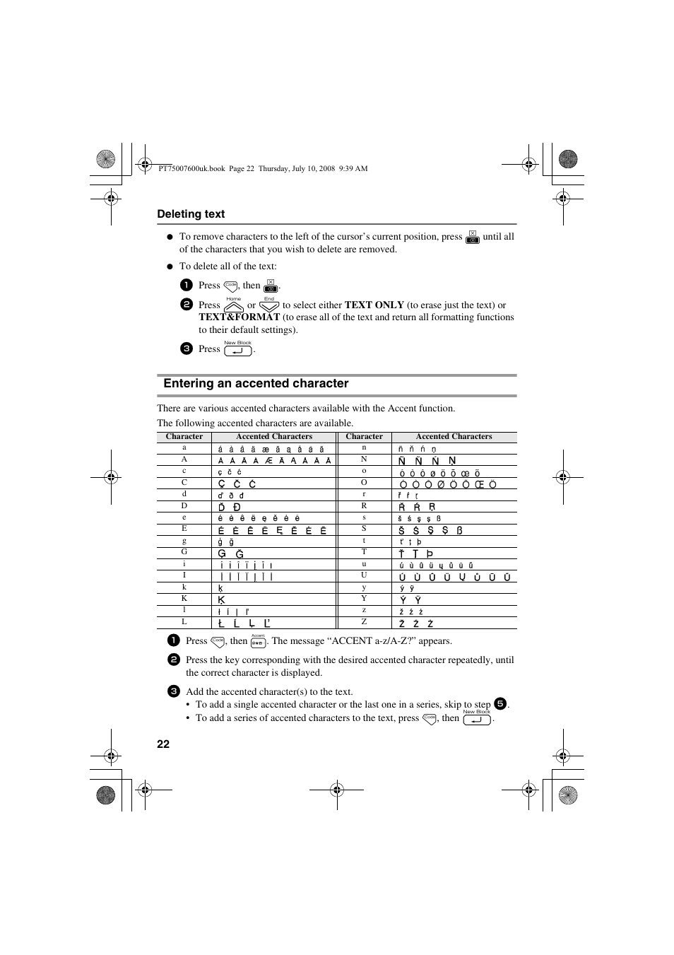 Entering an accented character | Brother P-TOUCH 7500 User Manual | Page 32 / 102