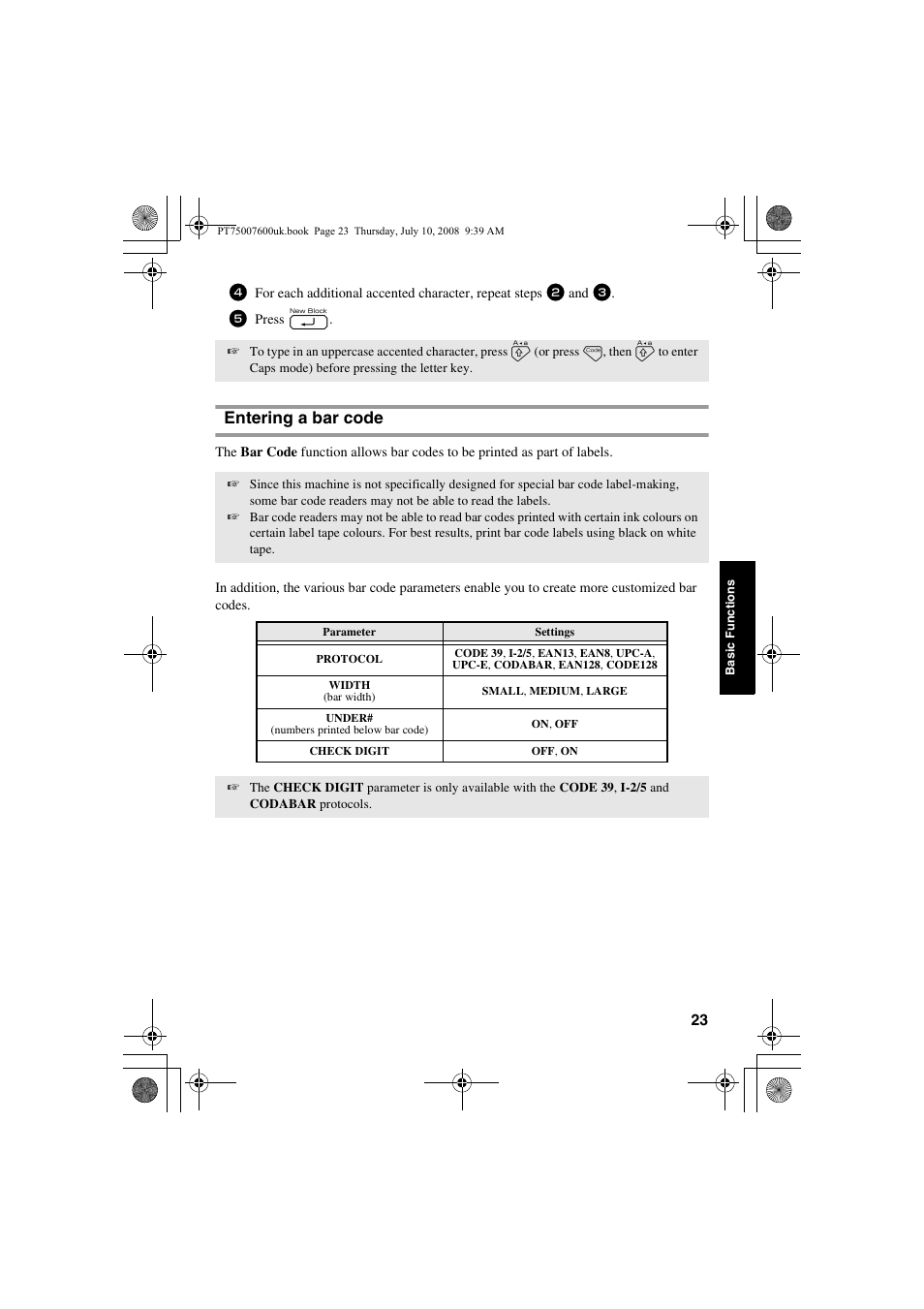 Entering a bar code | Brother P-TOUCH 7500 User Manual | Page 33 / 102
