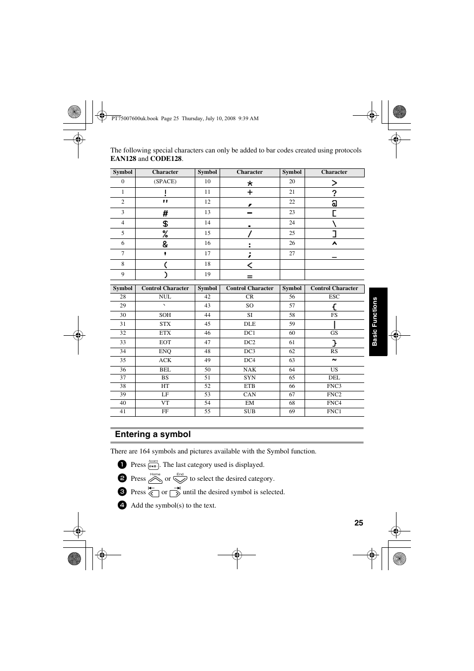 Entering a symbol | Brother P-TOUCH 7500 User Manual | Page 35 / 102