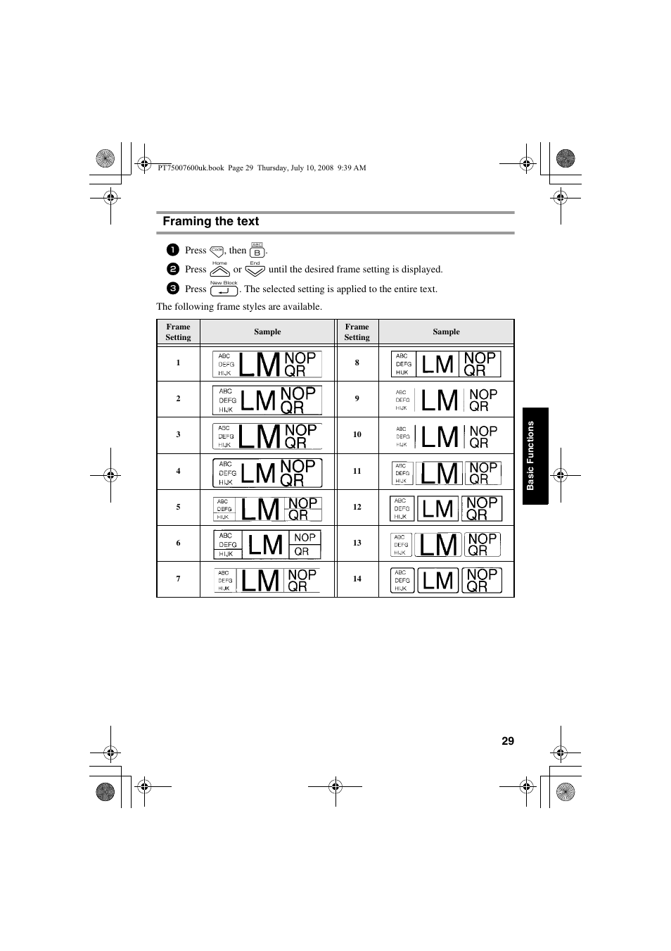 Framing the text | Brother P-TOUCH 7500 User Manual | Page 39 / 102