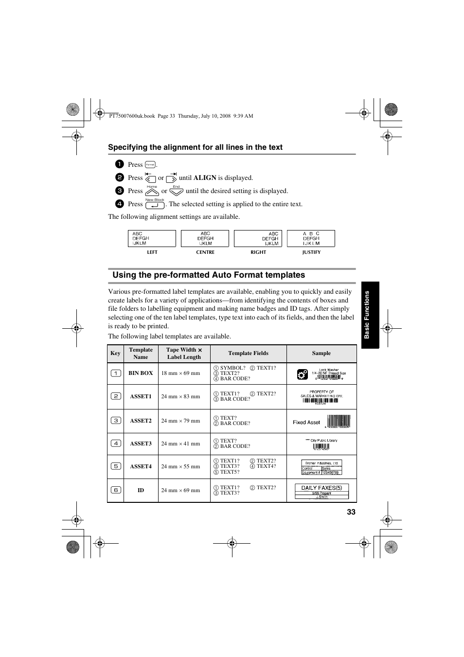 Using the pre-formatted auto format templates | Brother P-TOUCH 7500 User Manual | Page 43 / 102
