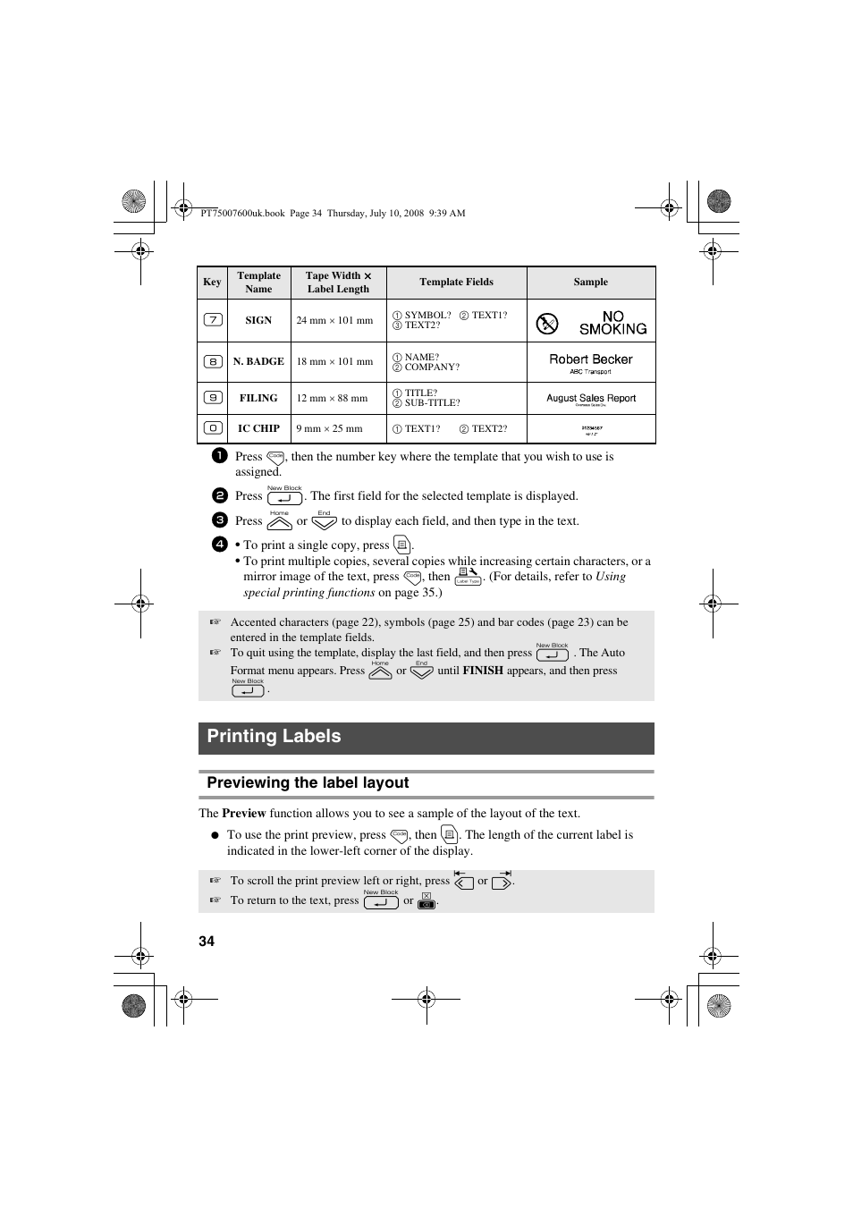 Printing labels, Previewing the label layout | Brother P-TOUCH 7500 User Manual | Page 44 / 102