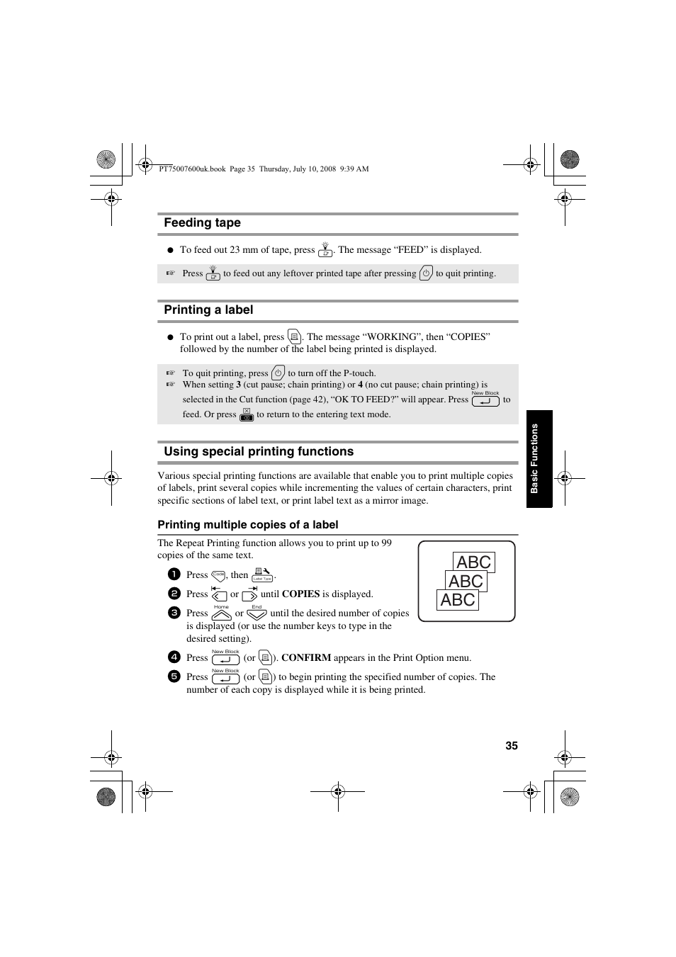 Using, Feeding tape, Printing a label | Using special printing functions | Brother P-TOUCH 7500 User Manual | Page 45 / 102