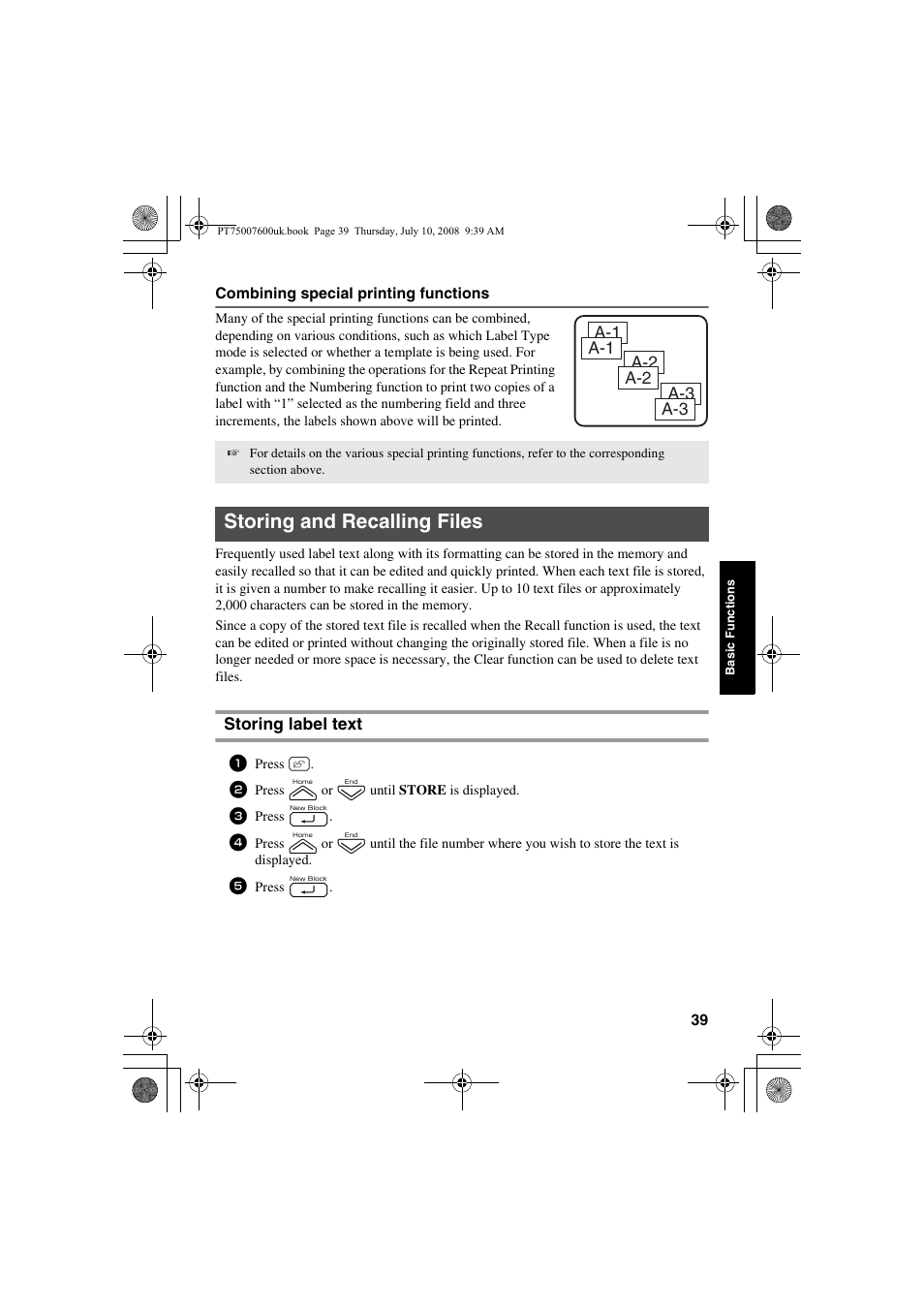 Storing and recalling files, Storing label text | Brother P-TOUCH 7500 User Manual | Page 49 / 102