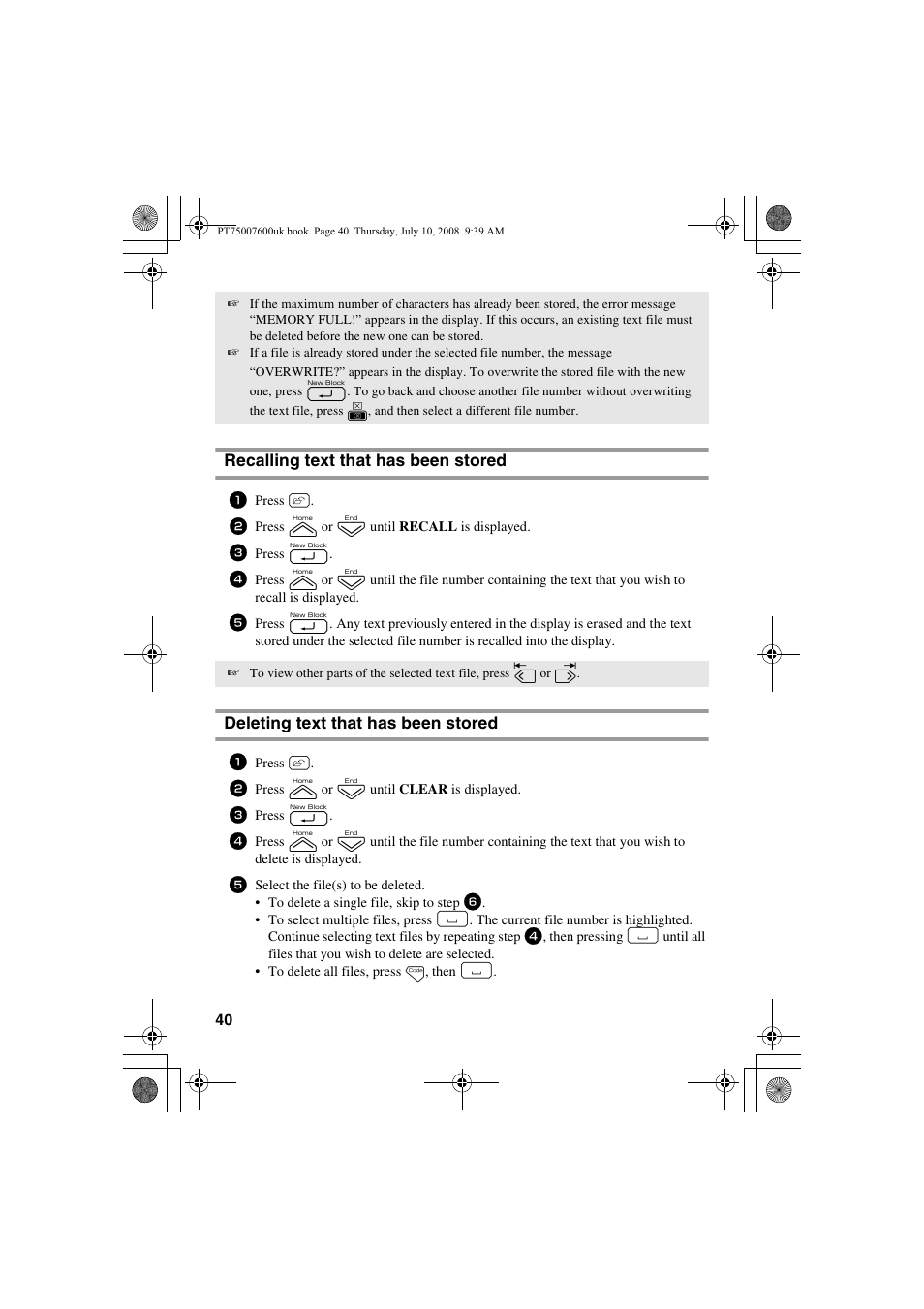 Recalling text that has been stored, Deleting text that has been stored | Brother P-TOUCH 7500 User Manual | Page 50 / 102